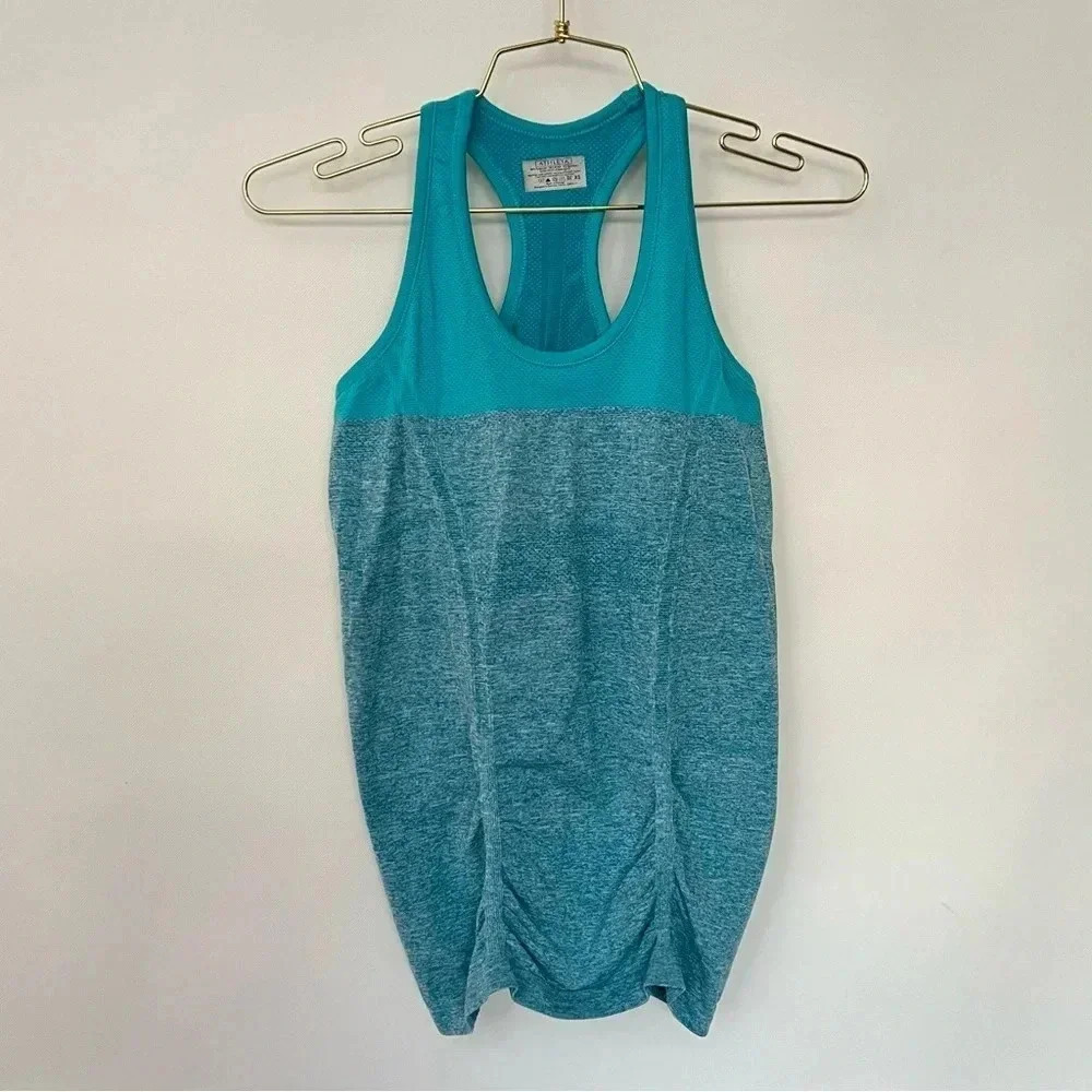 Athleta Color Block Fast Track Size XS Tank Top Seamless Ruched Bottom Blue/Teal